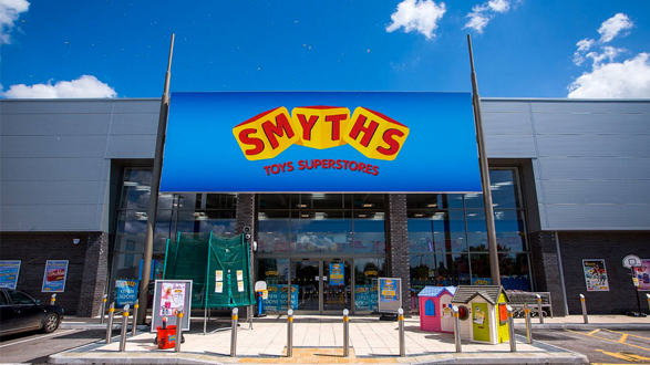 Bright toy store with blue signage